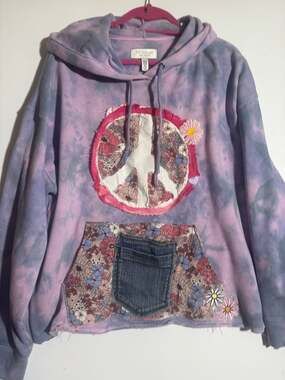 Victoria's Secret Upcycled Tie-Dye Peace Sign Patchwork Crop Hoodie